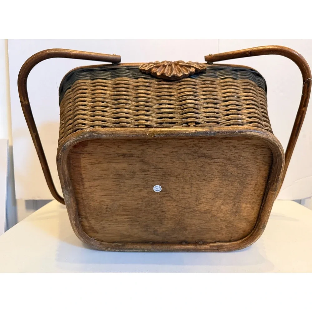 Vintage Woven Wicker Picnic Basket Two Tone Brown Hinged Lid Wood Base Handles